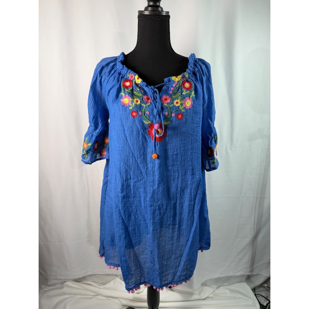 Umgee Blue Embroidered Floral Dress Boho PomPom Trim‎ Tie Neck Medium